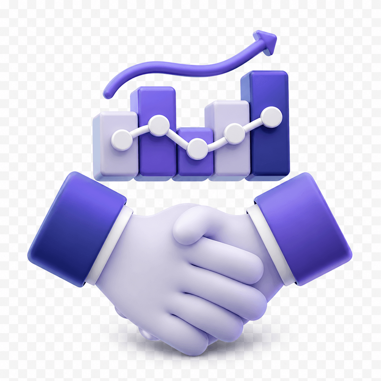 3D partnership handshake beneath a rising growth chart